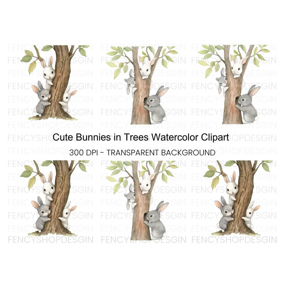 Cute Bunnies Climbing Tree Clipart Bundle