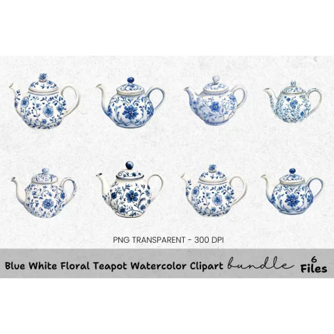 Blue White Floral Teapot Clipart Bundle