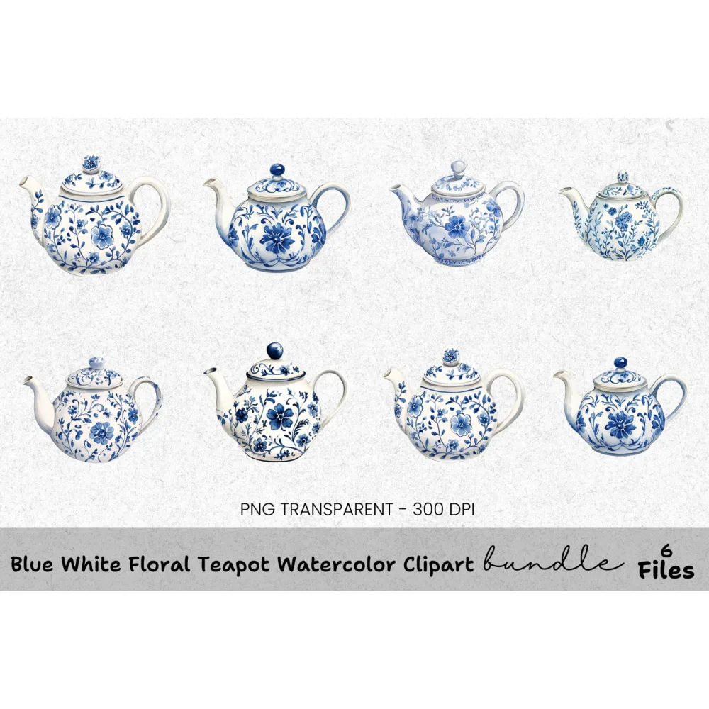 Blue White Floral Teapot Clipart Bundle
