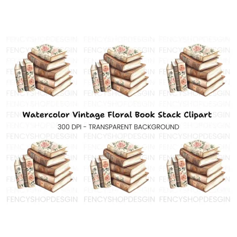 Stacked Books with Roses Clipart Bundle