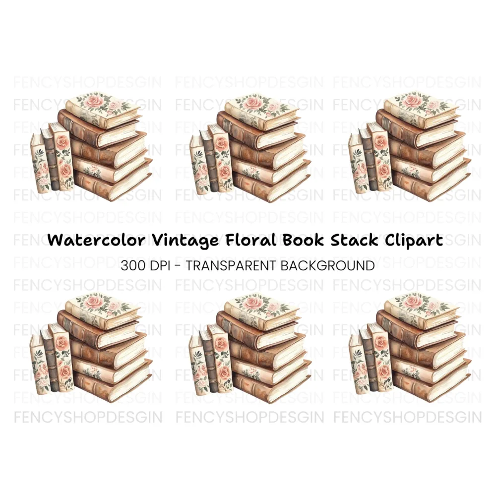 Stacked Books with Roses Clipart Bundle