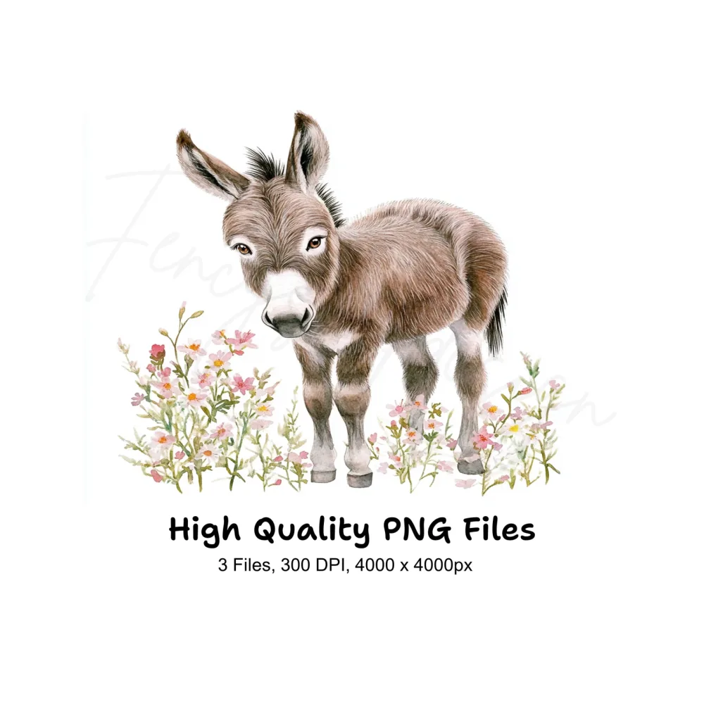 Sweet Baby Donkeys in Wildflower Fields Clipart Bundle