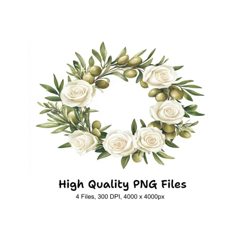 Olive White Rose Wreaths Clipart Bundle