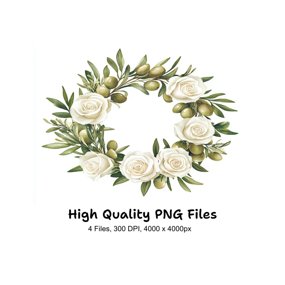 Olive White Rose Wreaths Clipart Bundle