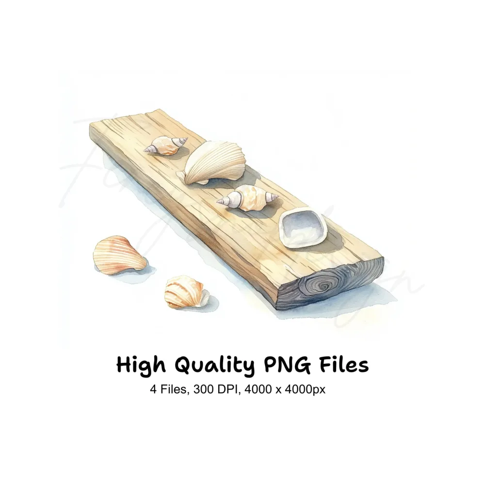 Seashells on Wooden Planks Clipart Bundle
