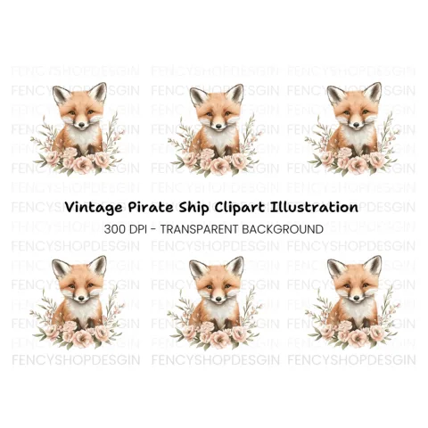 Adorable Fox with Pink Flowers Clipart Bundle