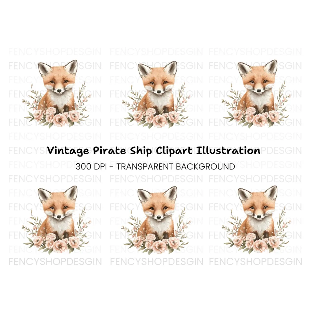 Adorable Fox with Pink Flowers Clipart Bundle