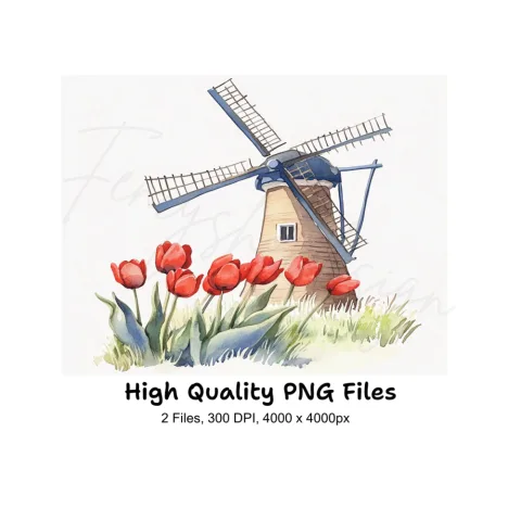 Dutch Windmill and Red Tulips Clipart Bundle