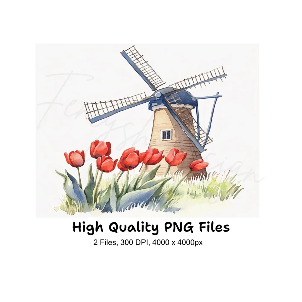 Dutch Windmill and Red Tulips Clipart Bundle