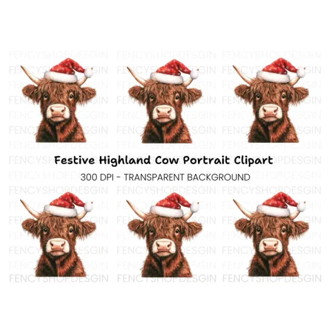 Cute Highland Cow Santa Hat Clipart Bundle