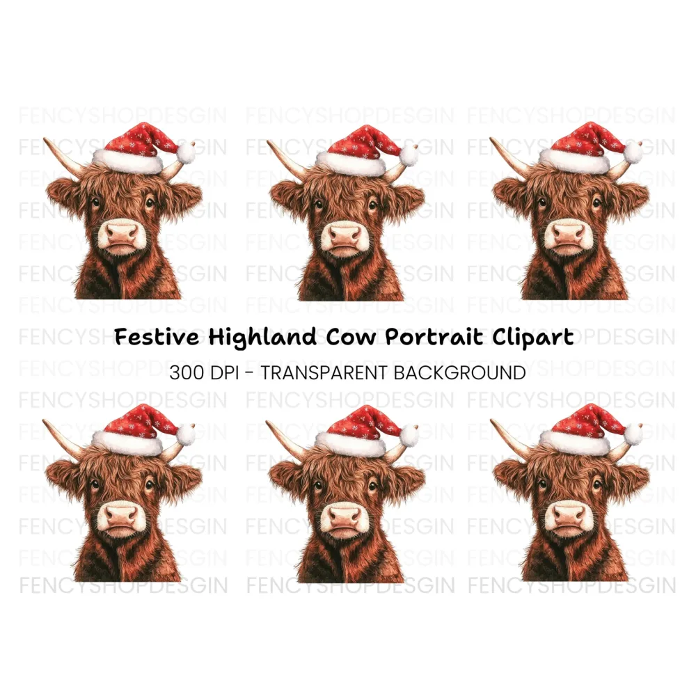 Cute Highland Cow Santa Hat Clipart Bundle