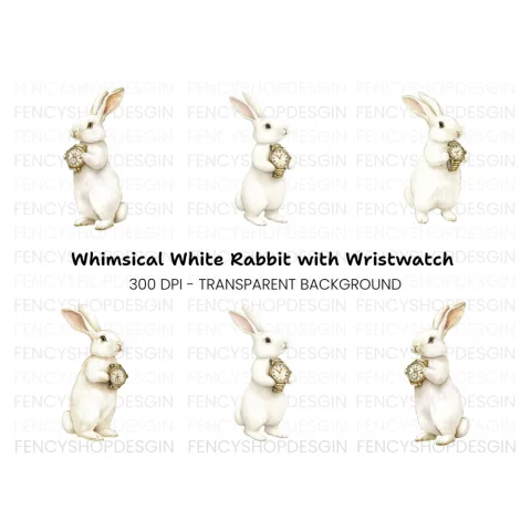 White Rabbit Holding Wristwatch Clipart Bundle