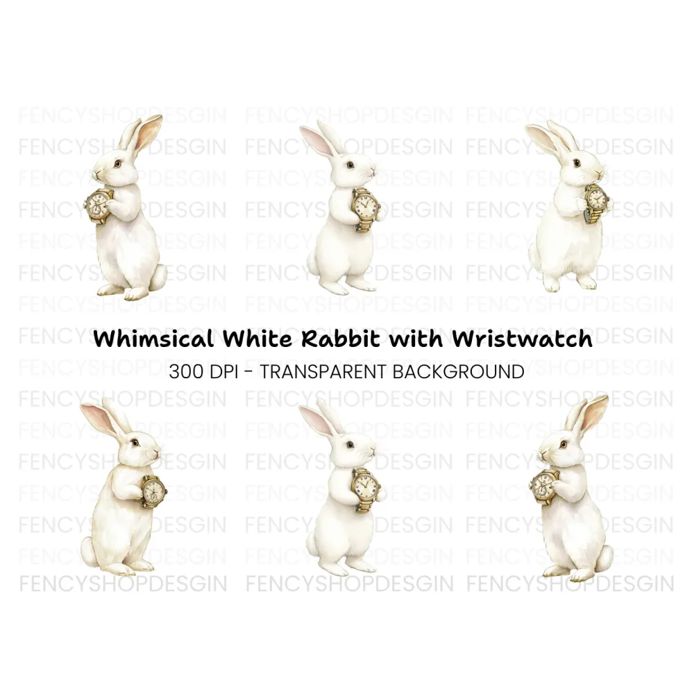 White Rabbit Holding Wristwatch Clipart Bundle