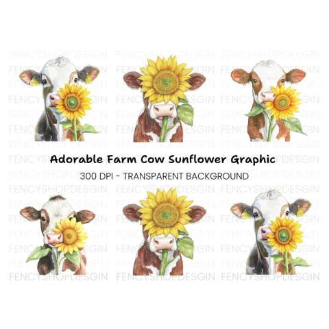 Cute Cow with Sunflower Clipart Bundle