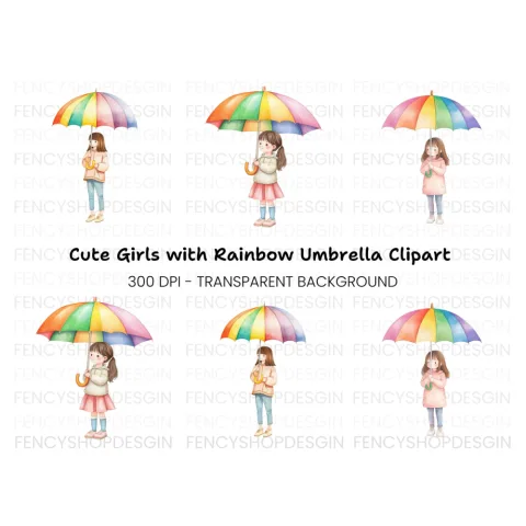 Girls with Rainbow Umbrellas Clipart Bundle
