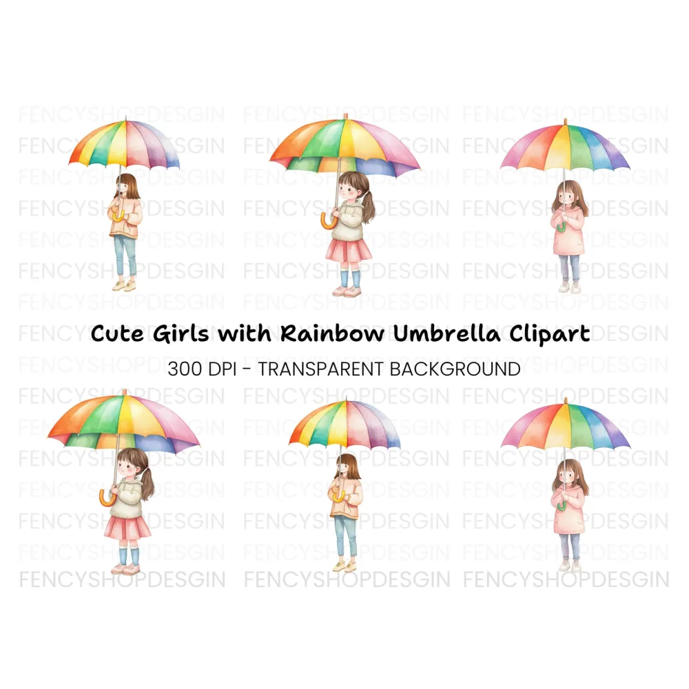 Girls with Rainbow Umbrellas Clipart Bundle