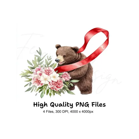 Cute Bear with Red Ribbon Clipart Bundle