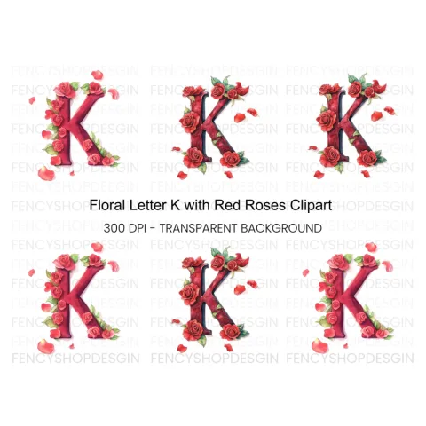 Floral Letter Red Roses Clipart Bundle