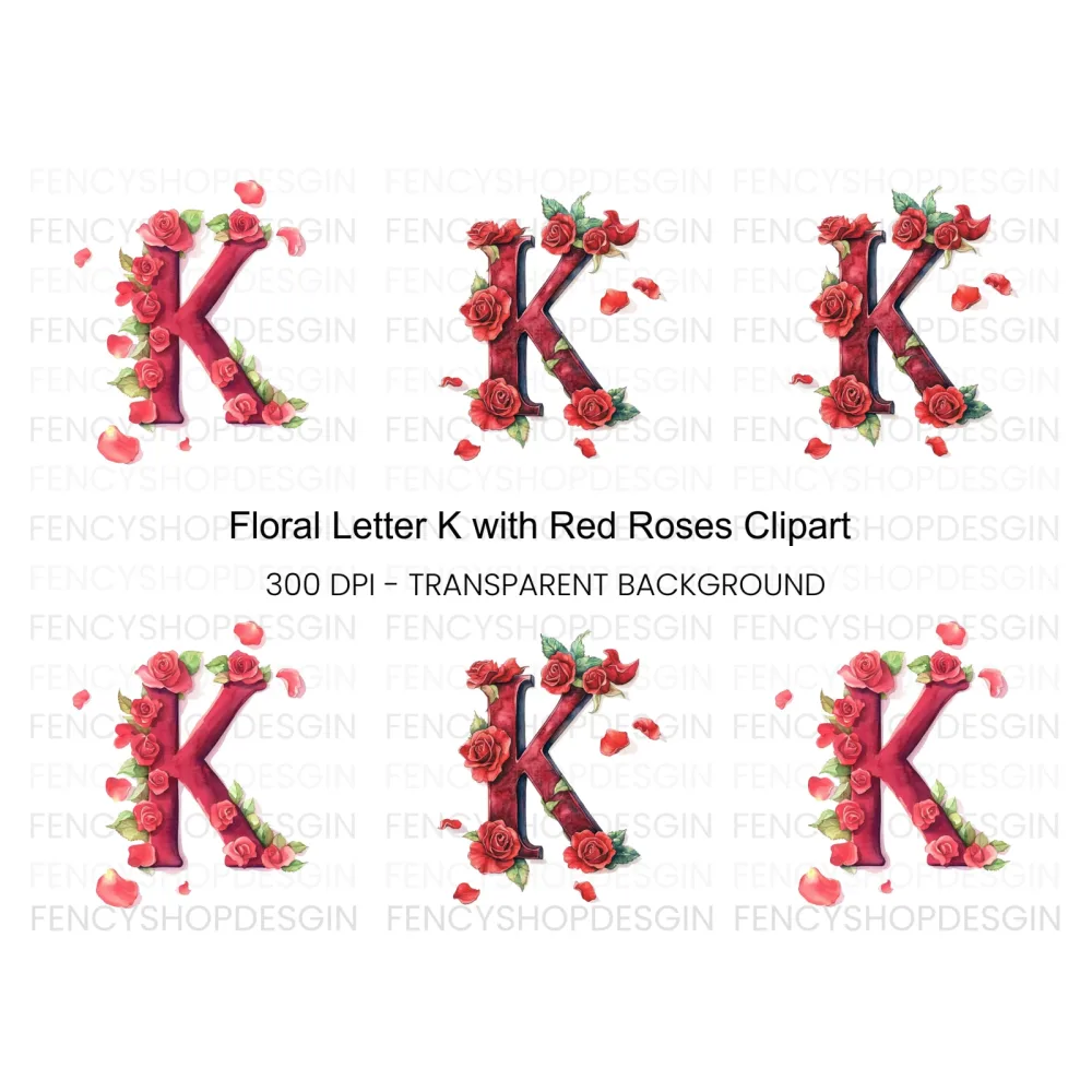 Floral Letter Red Roses Clipart Bundle