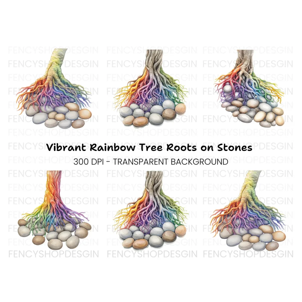 Rainbow Tree Roots and River Stones Clipart Bundle