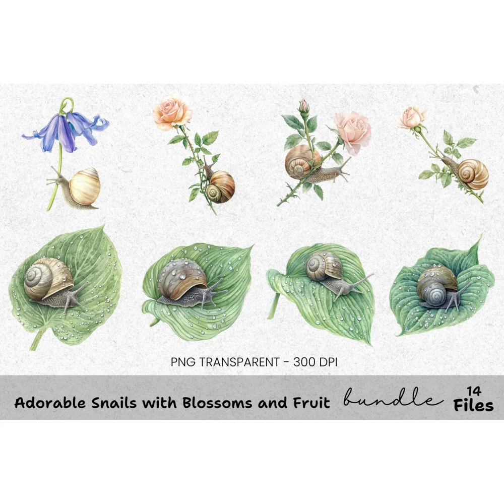 Adorable Snails with Blossoms and Fruit Clipart Bundle