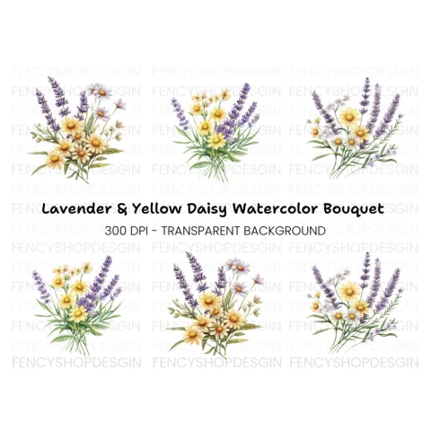 Lavender and Daisy Bouquets Clipart Bundle