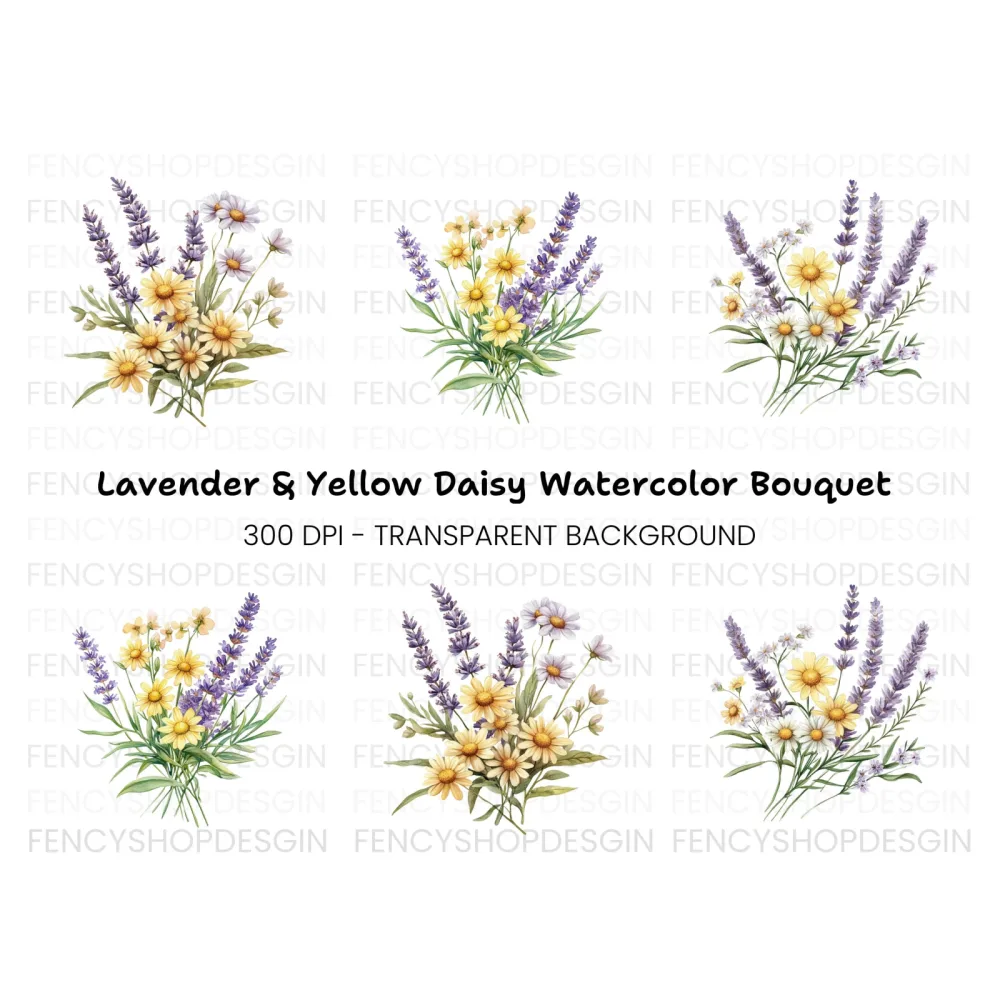 Lavender and Daisy Bouquets Clipart Bundle