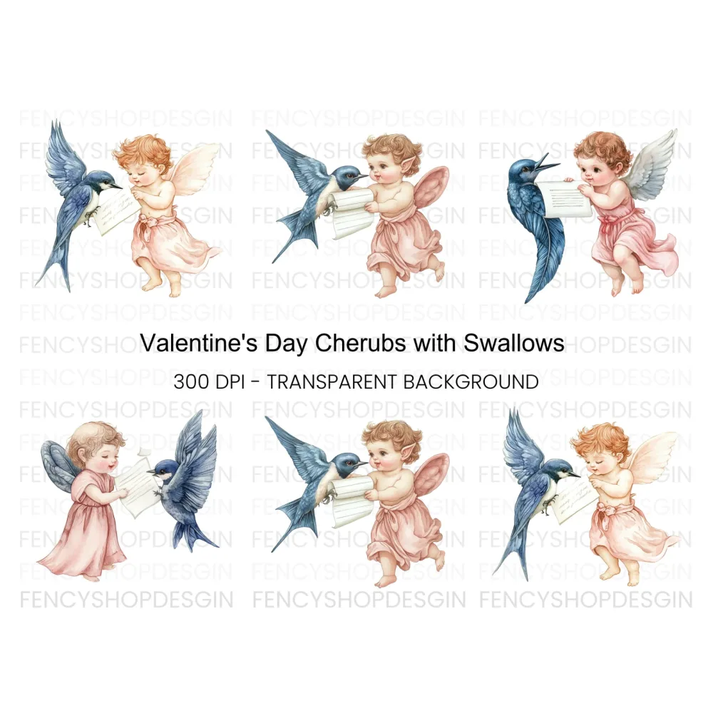 Cute Cherubs with Birds and Scrolls Clipart Bundle