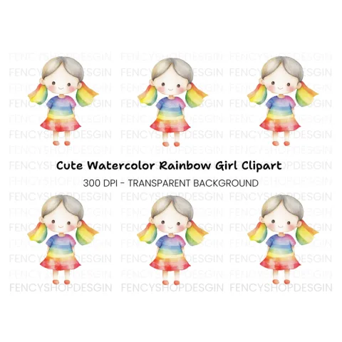 Cute Rainbow Girl Illustration Clipart Bundle