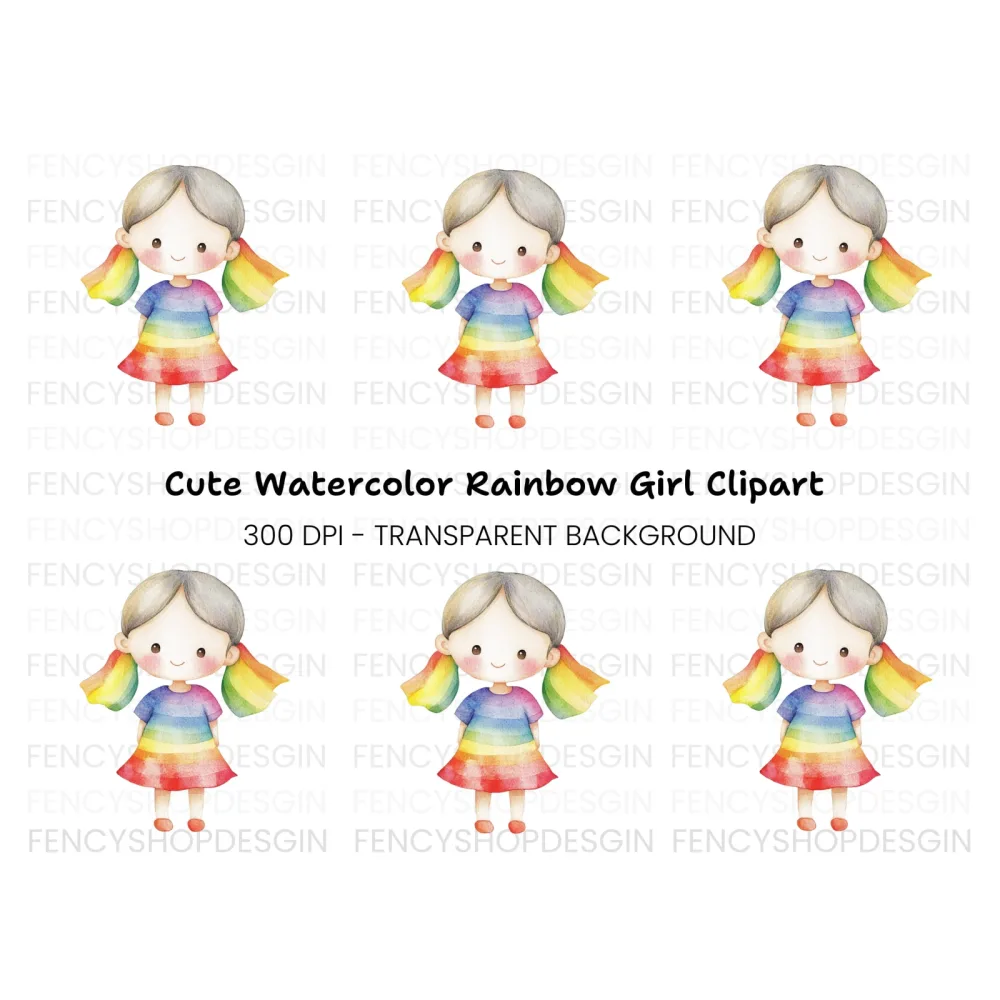 Cute Rainbow Girl Illustration Clipart Bundle
