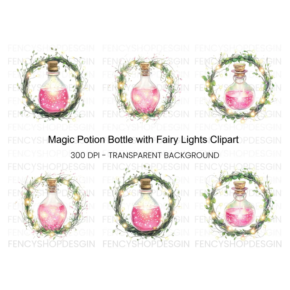Magic Potion Bottles with Wreaths Clipart Bundle