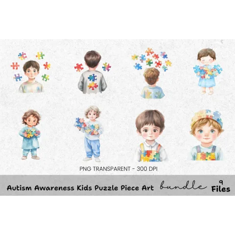 Autism Awareness Kids Puzzle Piece Clipart Bundle