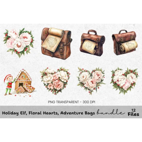 Holiday Elf Floral Hearts Adventure Bags Clipart Bundle