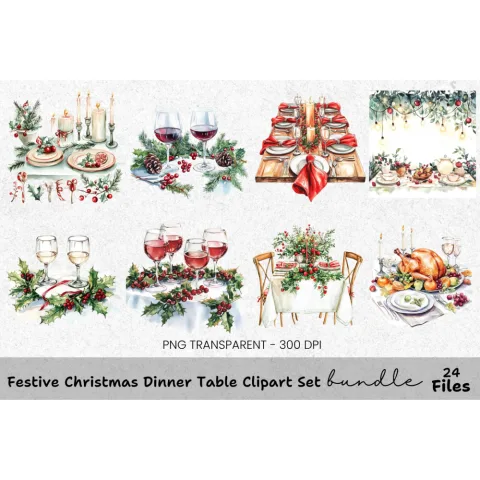 Christmas Dinner Table Setting Clipart Bundle