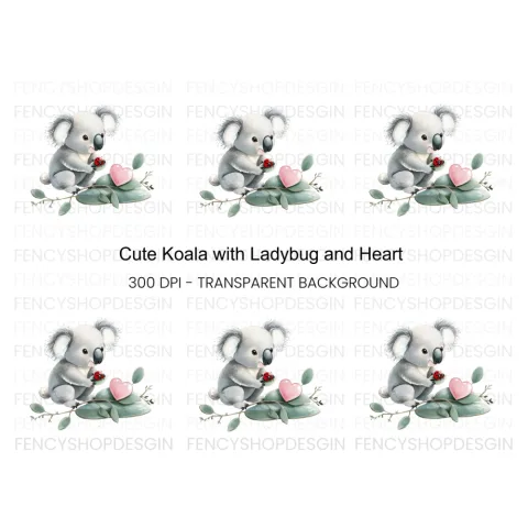 Cute Koala with Ladybug and Heart Clipart Bundle