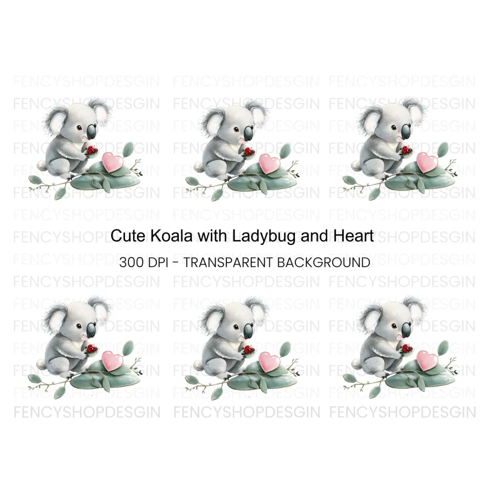 Cute Koala with Ladybug and Heart Clipart Bundle