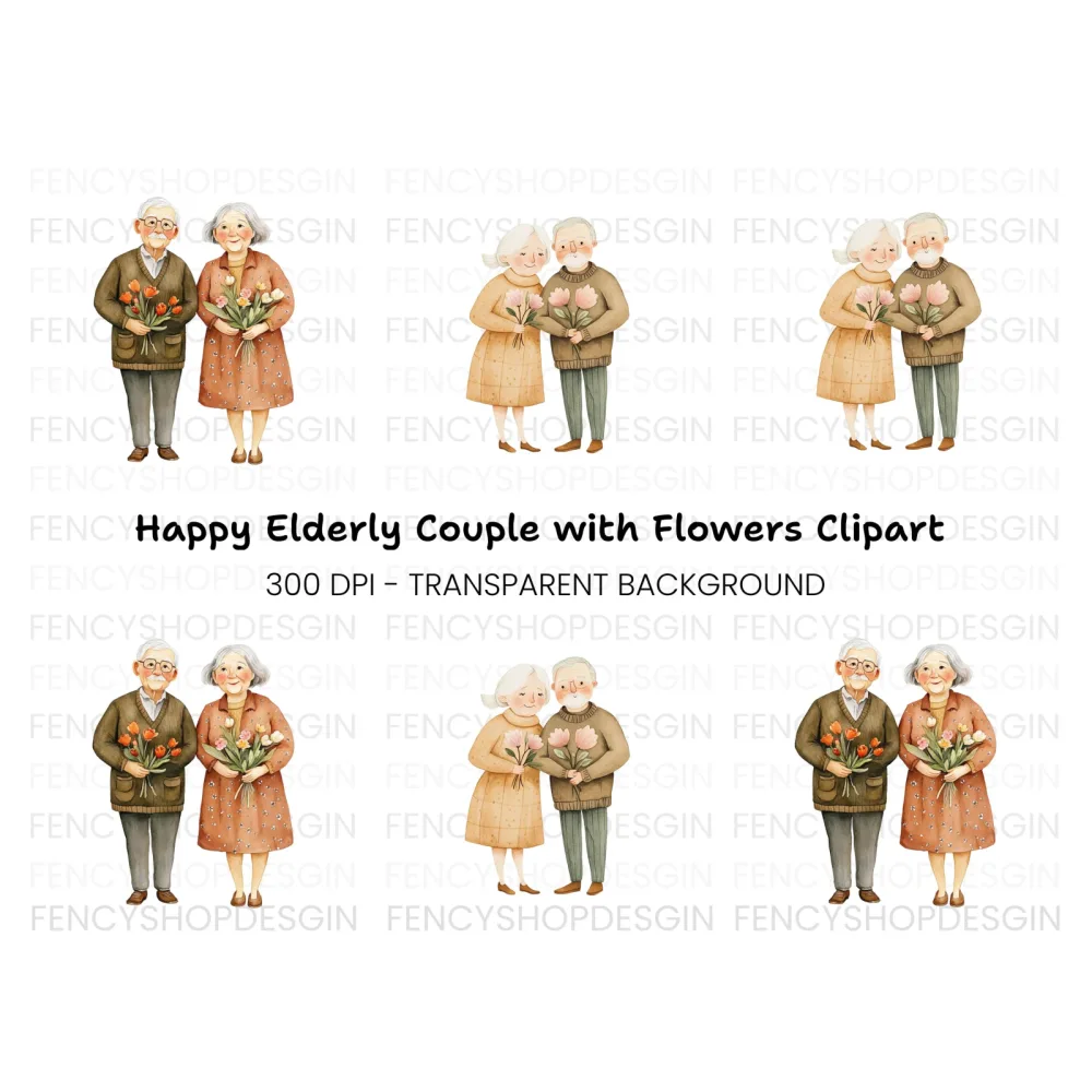 Elderly Couples with Flowers Clipart Bundle