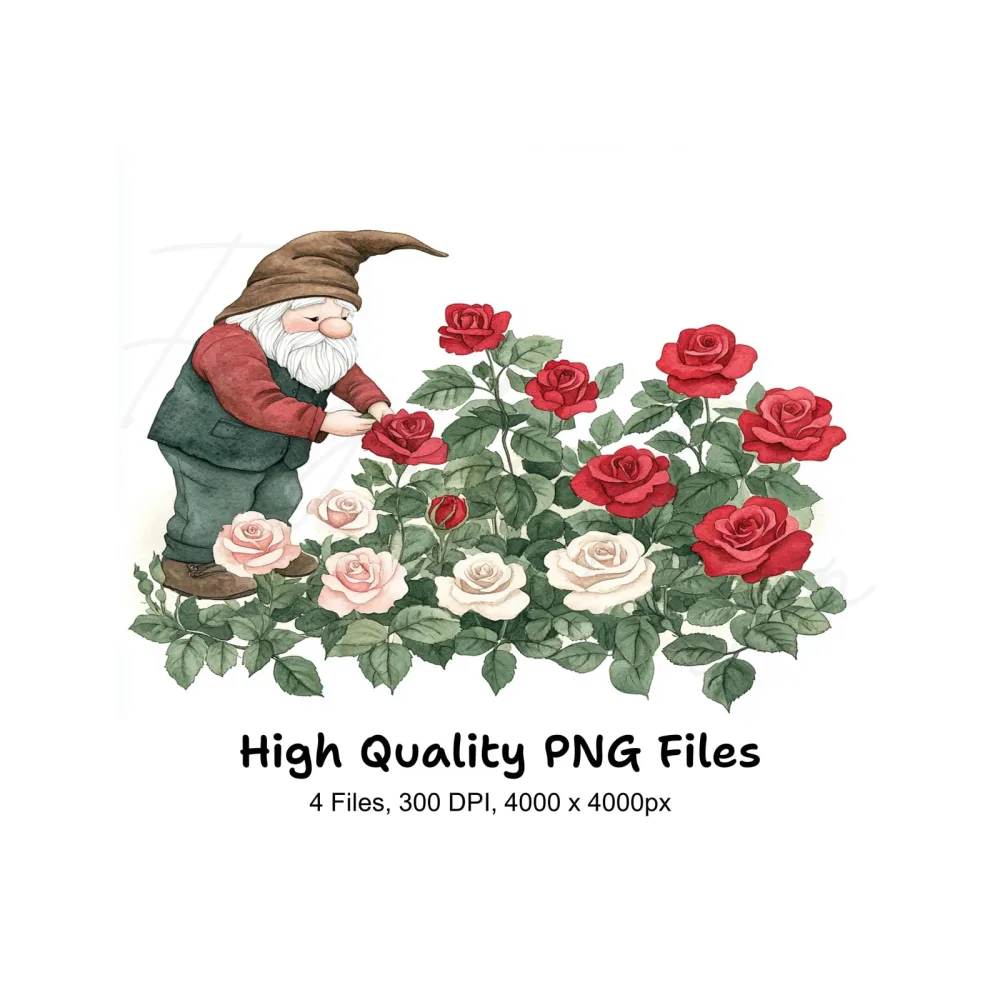 Garden Gnomes Tending Rose Bushes Clipart Bundle