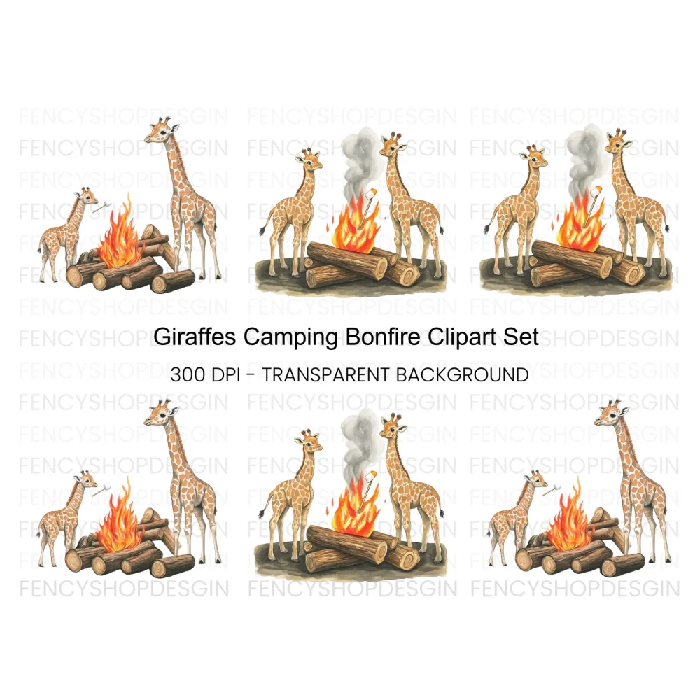 Giraffes Camping Bonfire Clipart Bundle