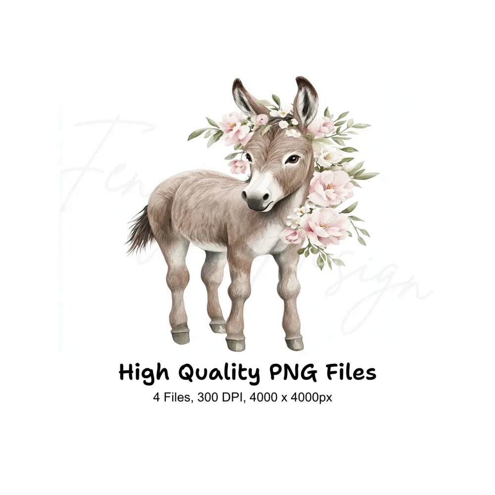 Baby Donkey Floral Wreath Clipart Bundle
