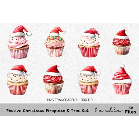 Cute Christmas Bear and Cupcakes Clipart Bundle