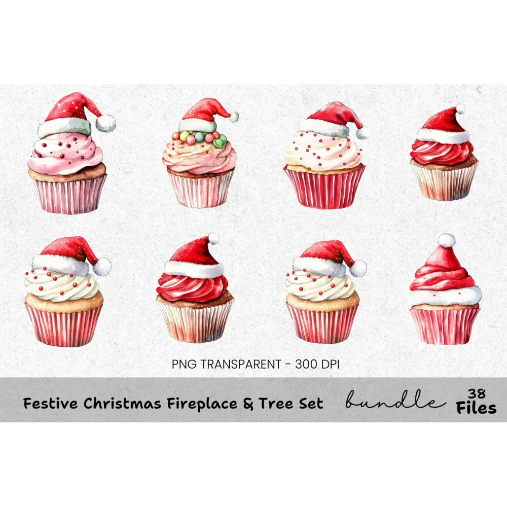 Cute Christmas Bear and Cupcakes Clipart Bundle