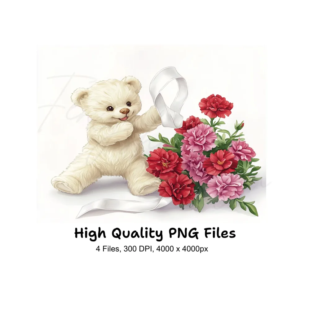 Cute Teddy Bears with Carnation Bouquets Clipart Bundle