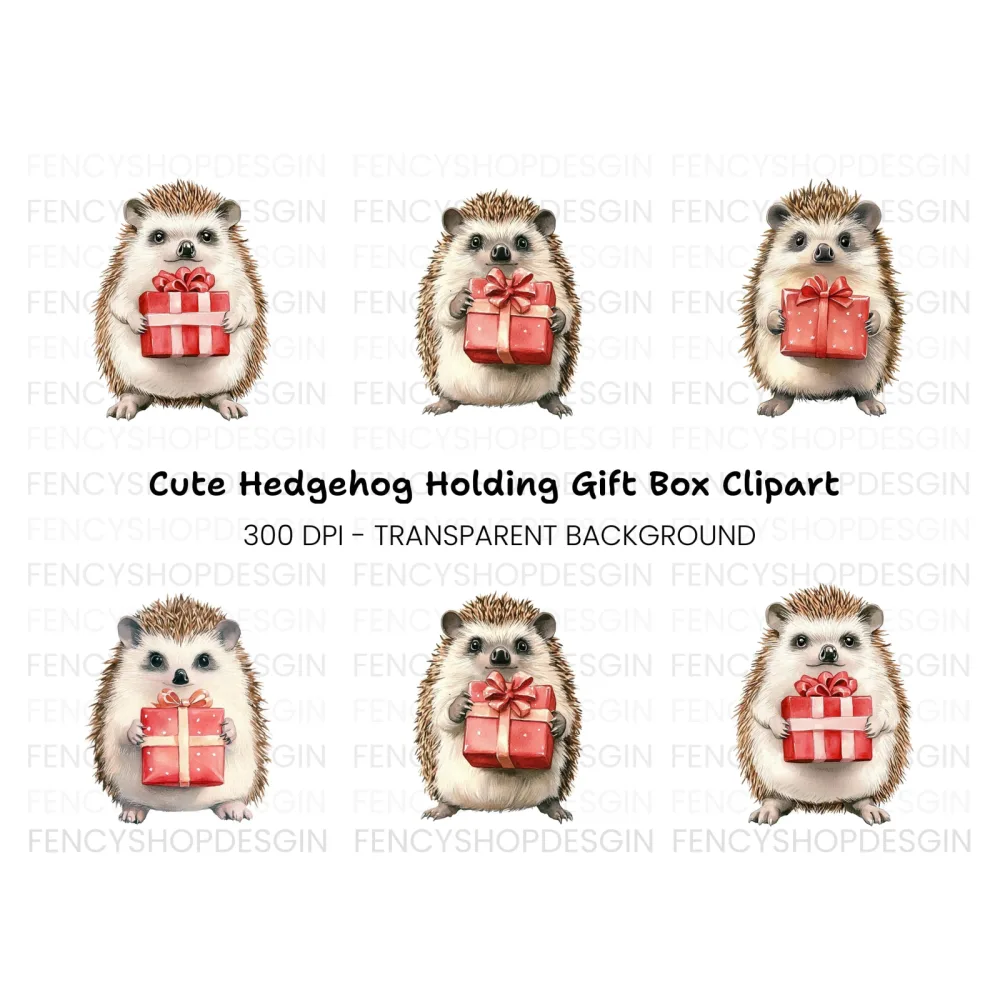 Cute Hedgehogs with Red Gift Boxes Clipart Bundle
