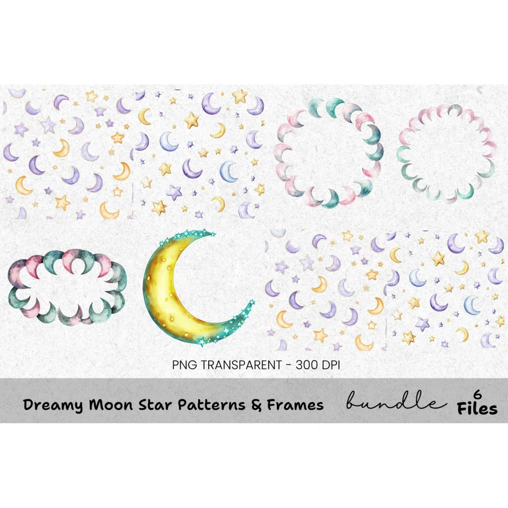Dreamy Moon Star Patterns Frames Clipart Bundle