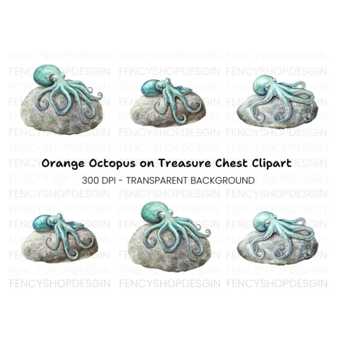 Blue Octopus on Rock Clipart Bundle