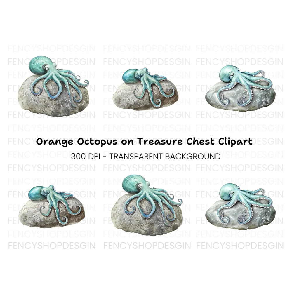 Blue Octopus on Rock Clipart Bundle