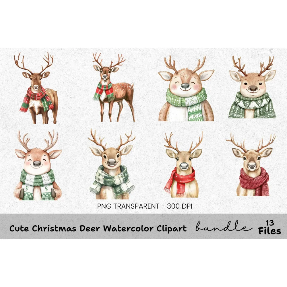 Cute Christmas Deer Clipart Bundle