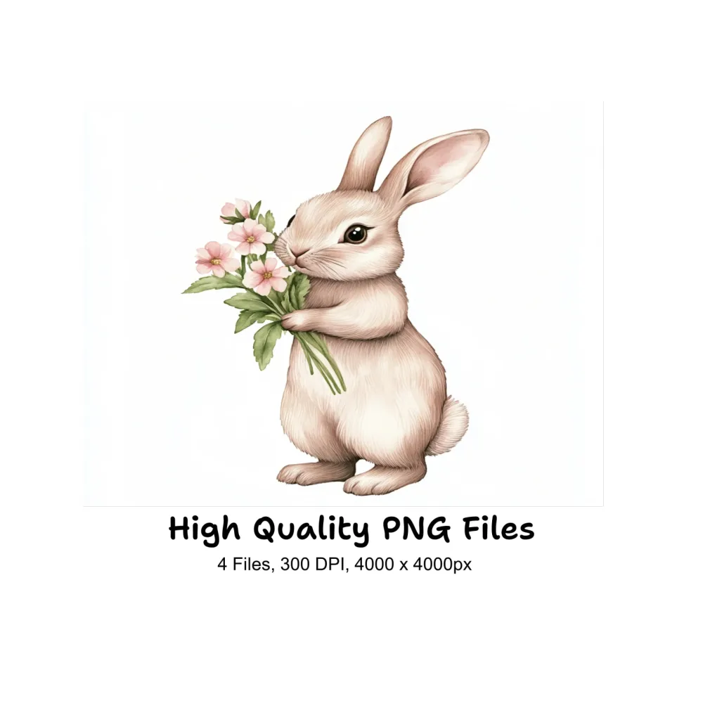 Cute Bunnies with Flower Bouquets Clipart Bundle