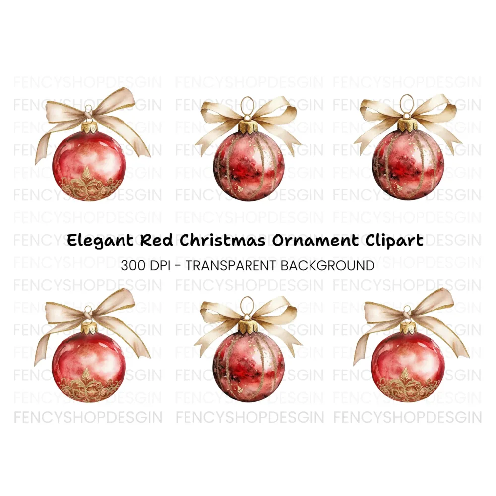 Elegant Red Christmas Ornaments Clipart Bundle